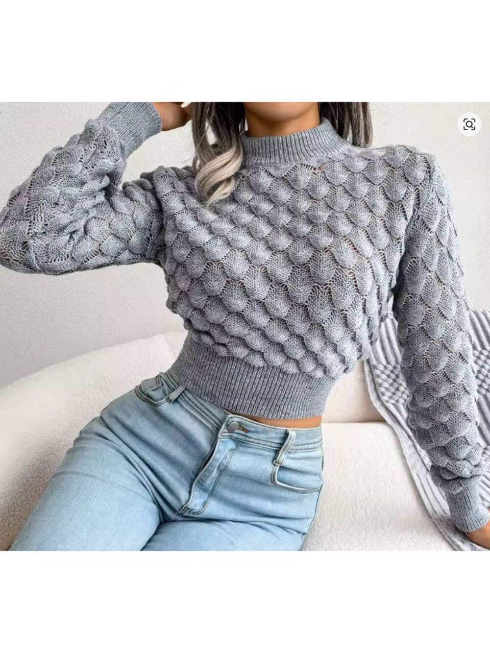 DAIMARAN Women's Mid Neck Cropped Sweater Long Sleeves Gray  Size M
